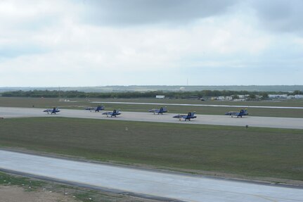 Navy Blue Angels arrive at Randolph Air Force Base, Oct. 27 for the 2011 Randolph Air Force Base Airshow.  The aerial demonstrations highlight the unique capabilities of the American military services, while showcasing the world's most technologically advanced air and space force and capabilities not ordinarily seen. (U.S. Air Force photo/Joel Martinez)