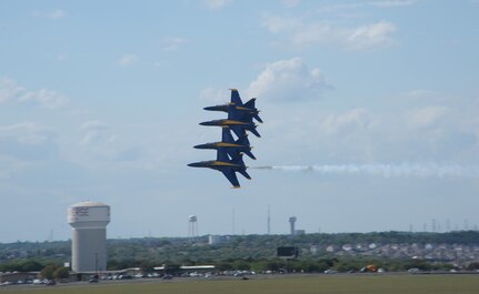 Navy Blue Angels arrive at Randolph Air Force Base, Oct. 27 for the 2011 Randolph Air Force Base Airshow.  The aerial demonstrations highlight the unique capabilities of the American military services, while showcasing the world's most technologically advanced air and space force and capabilities not ordinarily seen. (U.S. Air Force photo/Joel Martinez)