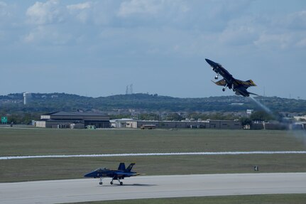 Navy Blue Angels arrive at Randolph Air Force Base, Oct. 27 for the 2011 Randolph Air Force Base Airshow.  The aerial demonstrations highlight the unique capabilities of the American military services, while showcasing the world's most technologically advanced air and space force and capabilities not ordinarily seen. (U.S. Air Force photo/Joel Martinez)