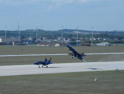 Navy Blue Angels arrive at Randolph Air Force Base, Oct. 27 for the 2011 Randolph Air Force Base Airshow.  The aerial demonstrations highlight the unique capabilities of the American military services, while showcasing the world's most technologically advanced air and space force and capabilities not ordinarily seen. (U.S. Air Force photo/Joel Martinez)
