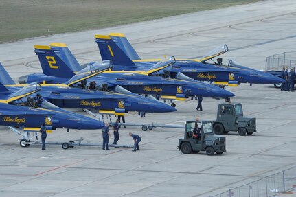 Navy Blue Angels arrive at Randolph Air Force Base, Oct. 27 for the 2011 Randolph Air Force Base Airshow.  The aerial demonstrations highlight the unique capabilities of the American military services, while showcasing the world's most technologically advanced air and space force and capabilities not ordinarily seen. (U.S. Air Force photo/Joel Martinez)