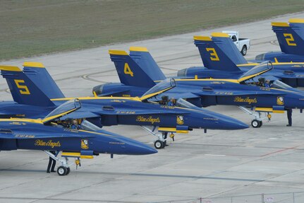 Navy Blue Angels arrive at Randolph Air Force Base, Oct. 27 for the 2011 Randolph Air Force Base Airshow.  The aerial demonstrations highlight the unique capabilities of the American military services, while showcasing the world's most technologically advanced air and space force and capabilities not ordinarily seen. (U.S. Air Force photo/Joel Martinez)