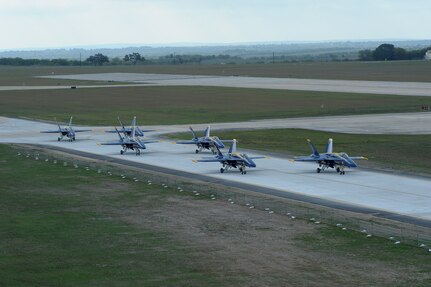 Navy Blue Angels arrive at Randolph Air Force Base, Oct. 27 for the 2011 Randolph Air Force Base Airshow.  The aerial demonstrations highlight the unique capabilities of the American military services, while showcasing the world's most technologically advanced air and space force and capabilities not ordinarily seen.
 (U.S. Air Force photo/Joel Martinez)