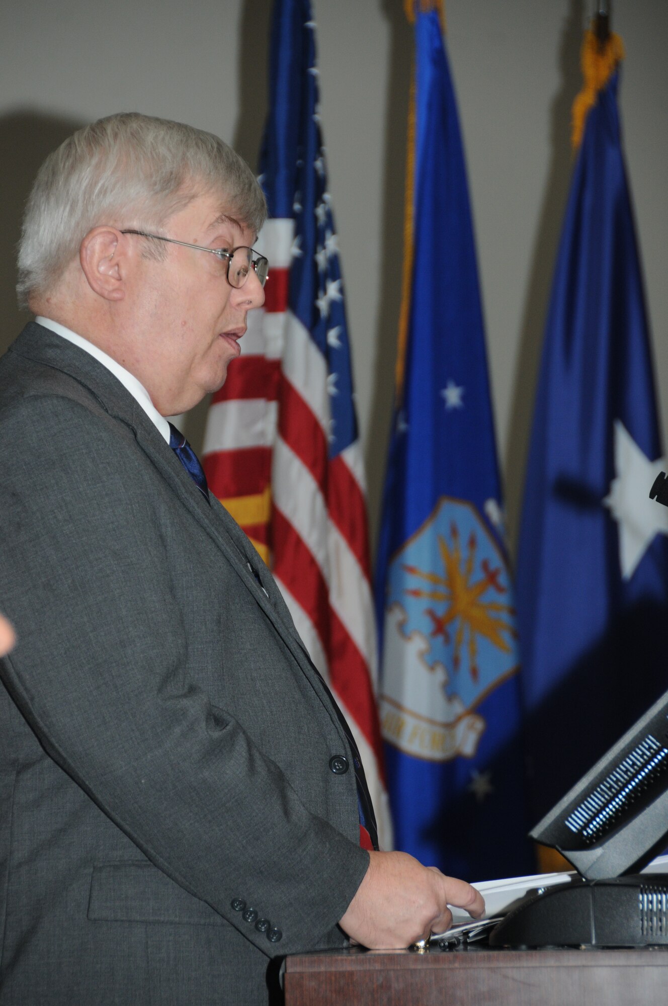Mike Plumer, deputy legislative director of the National Associations for Uniformed Services, is the guest speaker during Retiree Appreciation Day Oct. 28, 2011, at the Roberts’ Consolidated Aircraft Maintenance Facility at Keesler Air Force Base, Miss.  Door prizes, more than 30 displays with information pertinent to retirees and a free lunch was also included during the annual event.  (U.S. Air Force photo by Kemberly Groue)