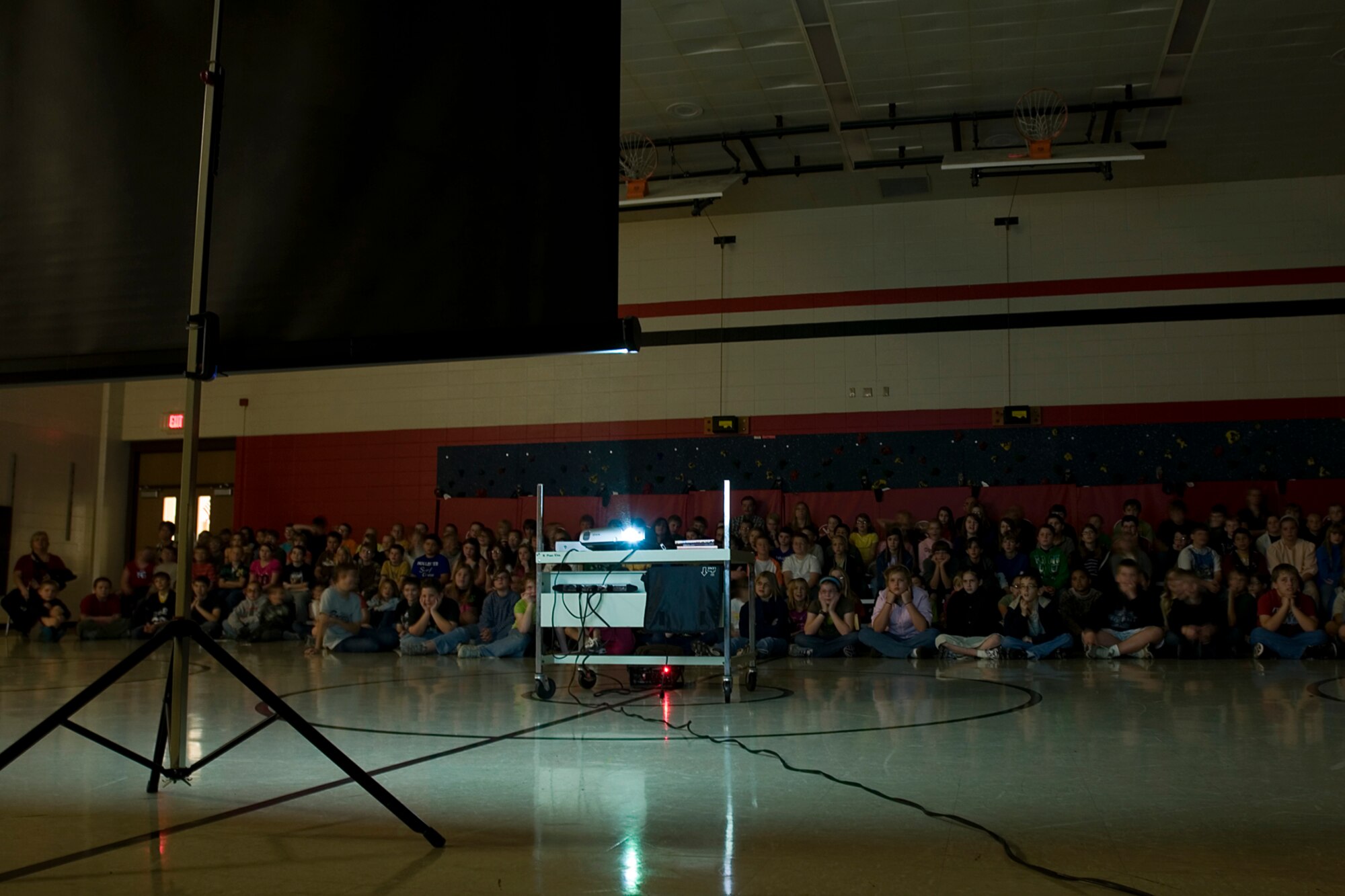 GRISSOM AIR RESERVE BASE, Ind.-- More than 300 students from North Miami Elementary, Denver, Ind., watch an anti drug, smoking and alcohol video during a presentation in support of Red Ribbon Week at the school Oct. 25. Red Ribbon Week is the largest and oldest drug prevention program in the nation. It reaches millions of Americans during the last week of October every year. (U.S. Air Force photo/Senior Airman Damon Kasberg)