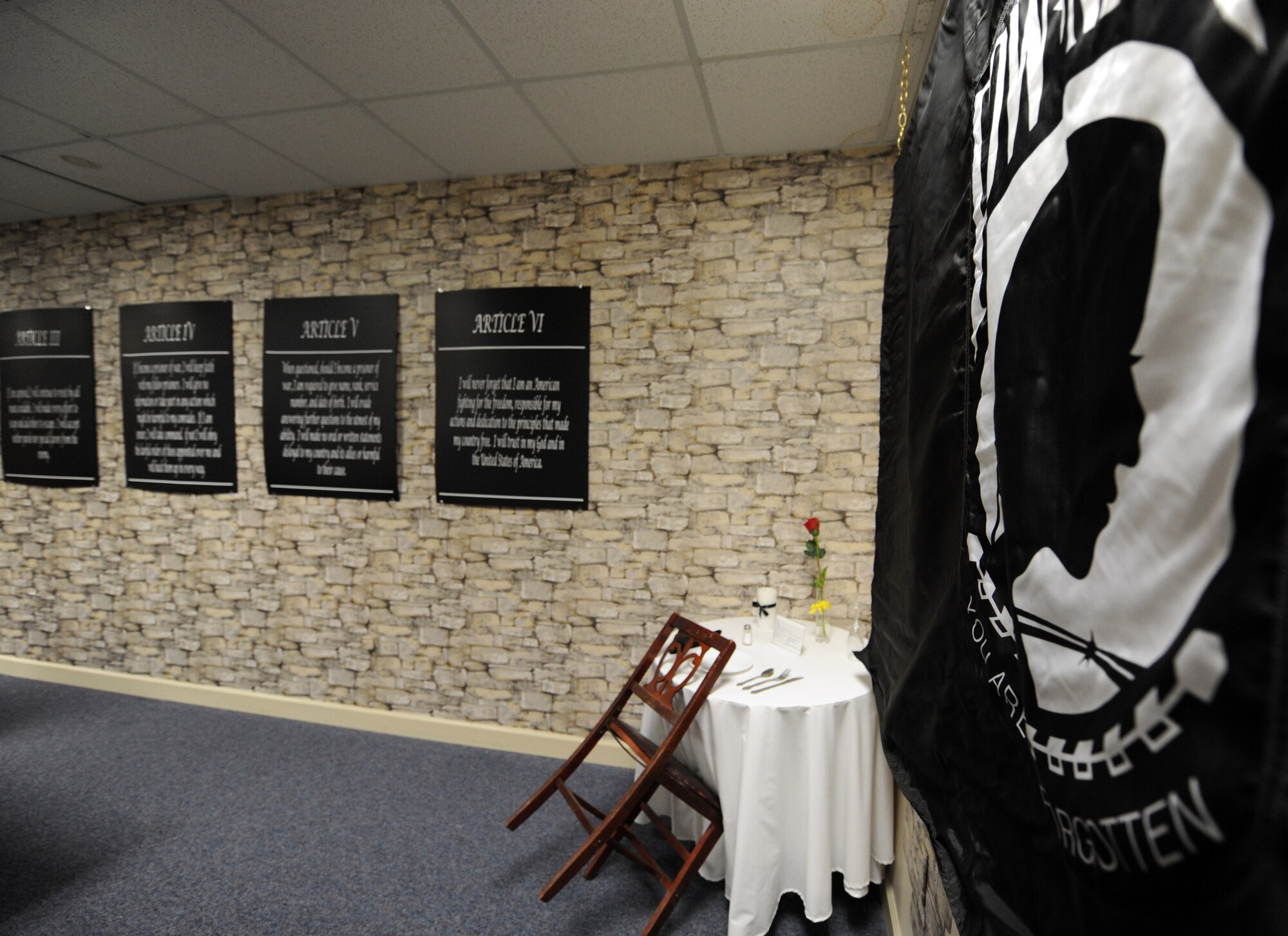 The 372nd Training Squadron built this Prisoner of War and Missing in Action room, 372nd TRS outside the gates of Shaw Air Force Base, S.C., Oct. 31, 2011. The POW/MIA room is dedicated to all military members who are or have been prisoners of war and for those who are missing in action. The 372nd TRS built the POW/MIA and the Hallingquest Hallway to honor all POW/MIA Airmen. (U.S. Air Force photo by Airman 1st Class Tabatha Duarte/Released)