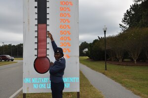 Maj. Karen Henderson posts the new percentage of contributors to the Combined Federal Campaign on the thermometer at the entrance of Joint Base Charleston - Air Base, Oct. 31. "We only have two weeks to go and I would like to see everyone give something, no matter how small, just give. We have already met 60 percent of our goal and we are striving for 100 percent. With  only two weeks left, please  make sure to try your best to contribute," Henderson said. The 2012 CFC continues until Nov. 11, and is designed to give all federal employees an opportunity to donate to eligible non-profit organizations which provide health and human service benefits throughout the world. (U.S. Air Force photo/2nd Lt. Leah Davis)


