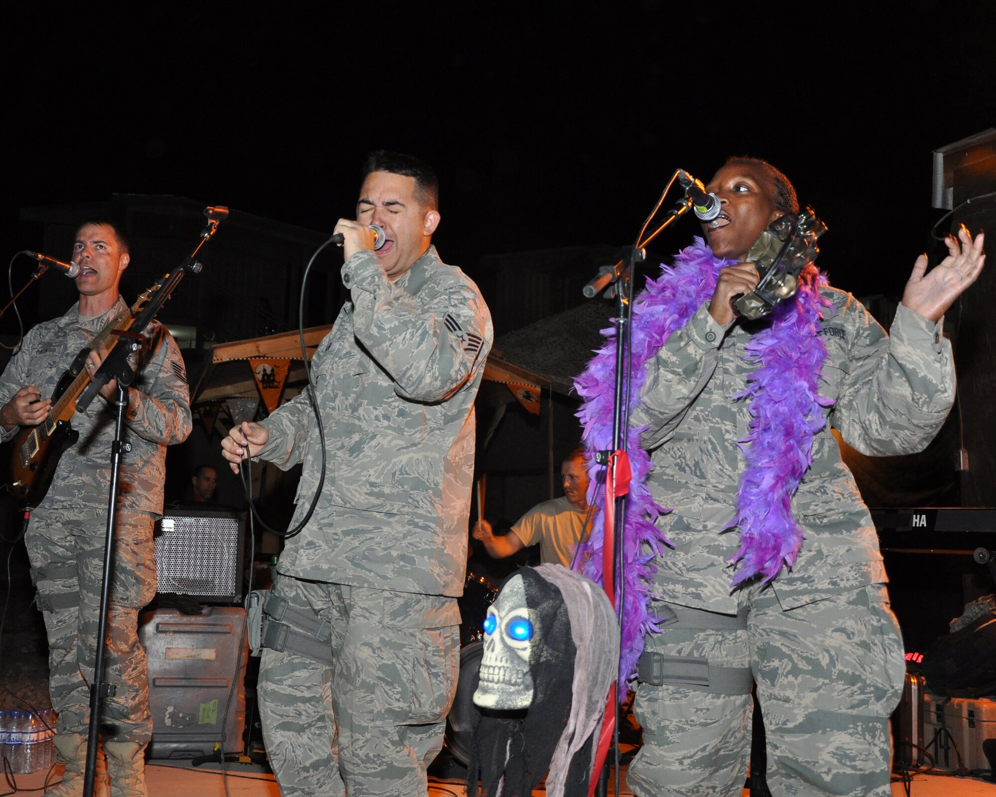 U.S. Air Forces Central Band, “Top Cover,” performs Halloween night for 455th Air Expeditionary Wing Airmen Oct. 31, 2011. Top Cover is deployed from Joint Base Elmendorf-Richardson, Alaska. (U.S. Air Force photo/ Master Sgt. Mary Davis)