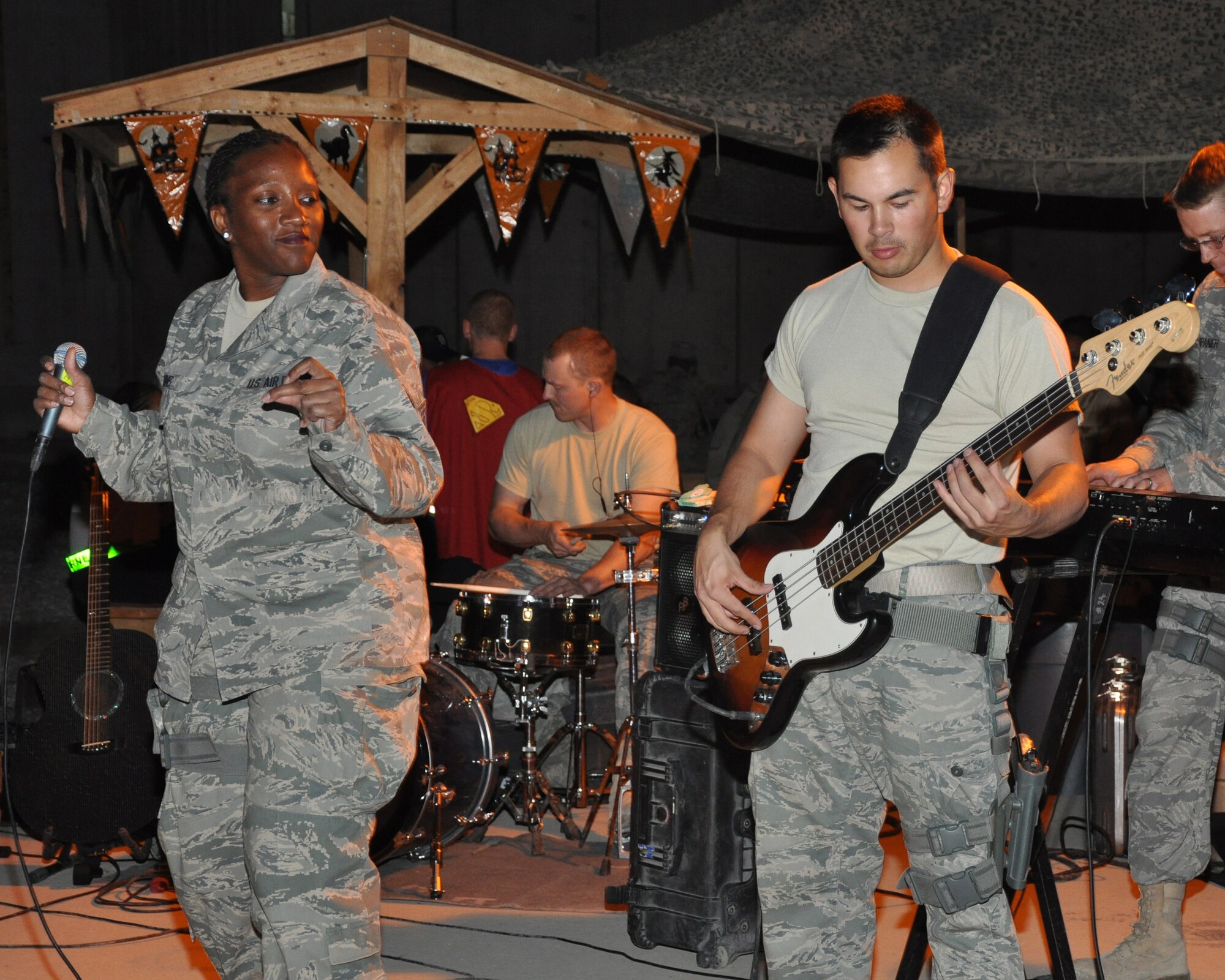U.S. Air Forces Central Band, “Top Cover,” performs Halloween night for 455th Air Expeditionary Wing Airmen Oct. 31, 2011. Top Cover is deployed from Joint Base Elmendorf-Richardson, Alaska. (U.S. Air Force photo/ Master Sgt. Mary Davis)