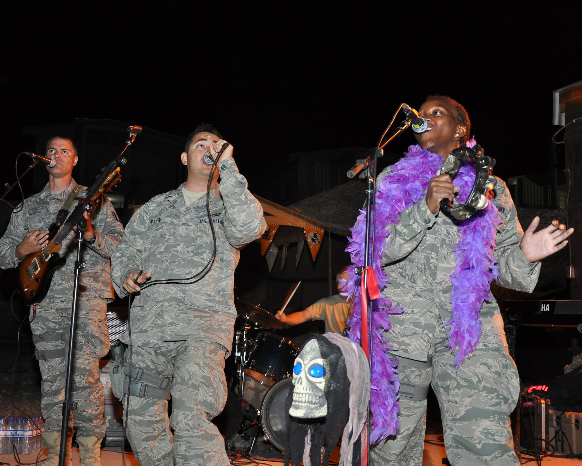 U.S. Air Forces Central Band, “Top Cover,” performs Halloween Night for 455th Air Expeditionary Wing Airmen Oct. 31, 2011. Top Cover is deployed from Joint Base Elmendorf-Richardson, Alaska. (U.S. Air Force photo/ Master Sgt. Mary Davis)