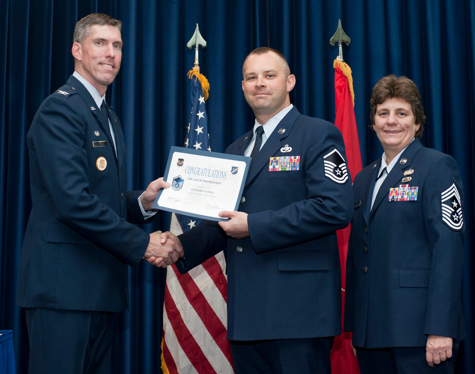 Elijah Tatman, 728th Air Mobility Squadron, is promoted to the rank of master sergeant Oct. 31, 2011, in the Club Complex ballroom at Incirlik Air Base, Turkey.(U.S. Air Force photo by Senior Airman Clayton Lenhardt/Released)