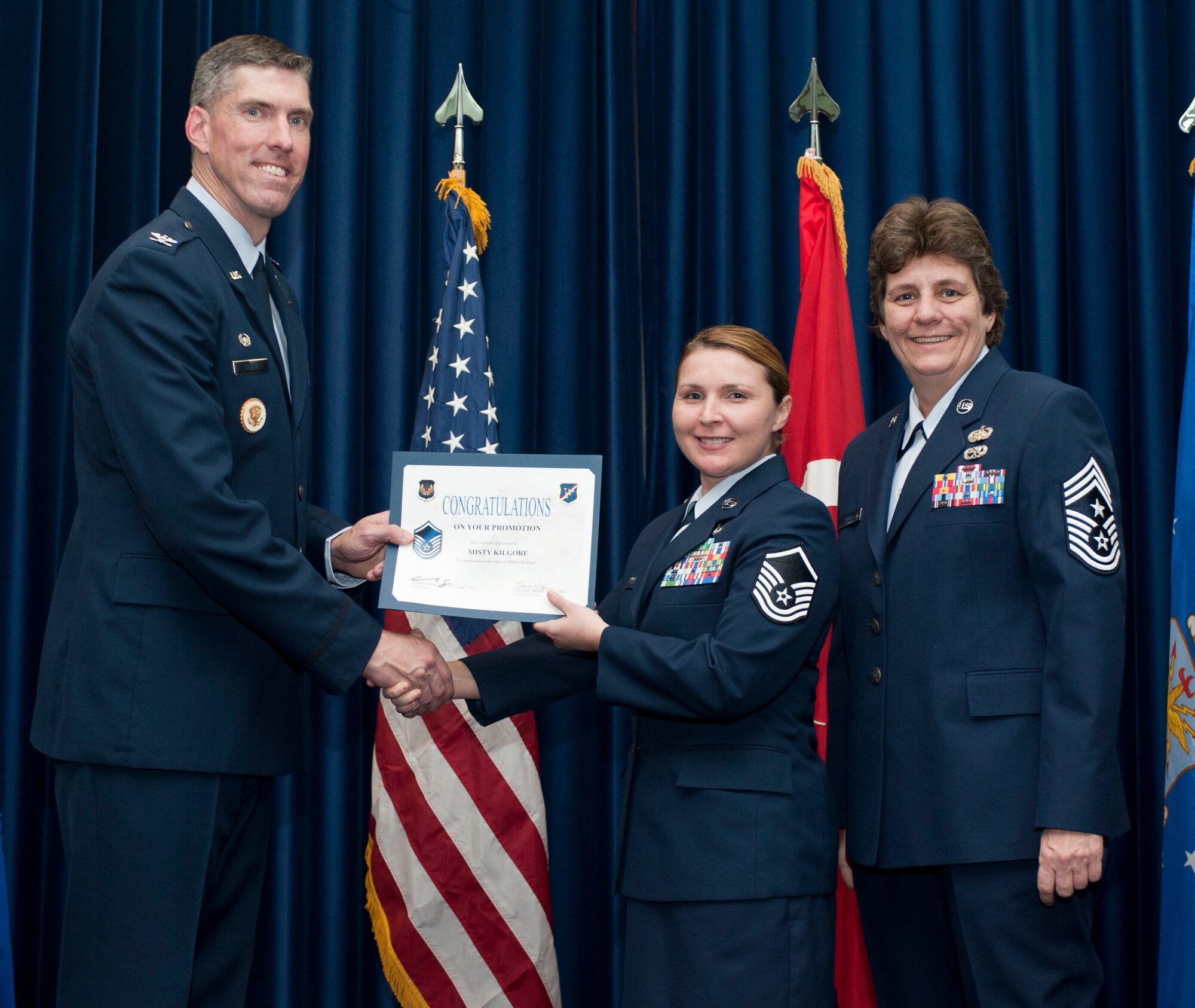 Misty Kilgore, 39th Force Support Squadron, is promoted to the rank of master sergeant Oct. 31, 2011, in the Club Complex ballroom at Incirlik Air Base, Turkey.(U.S. Air Force photo by Senior Airman Clayton Lenhardt/Released)