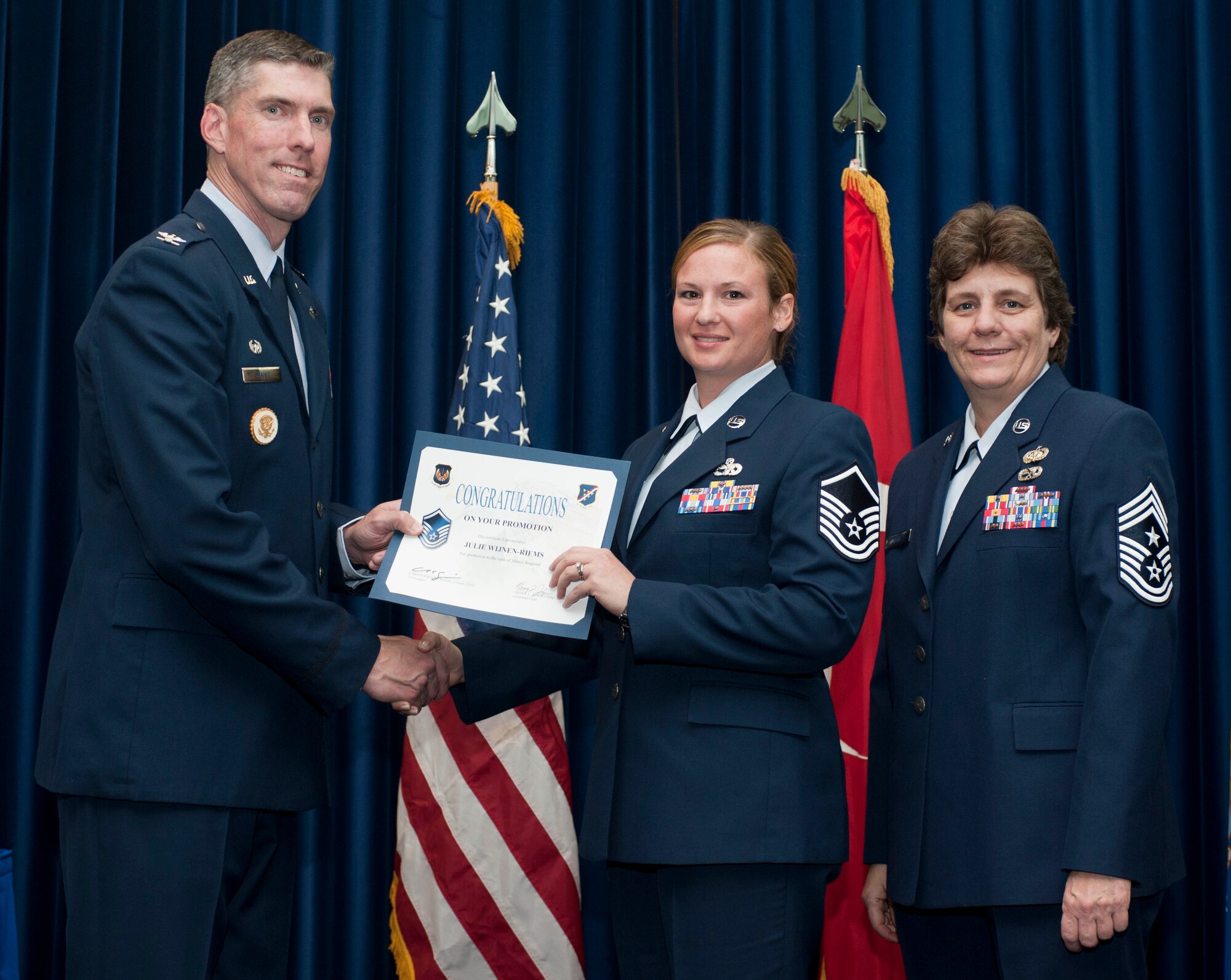 Julie Wijnen-Riems, 39th Logisitics Readiness Squadron, is promoted to the rank of master sergeant Oct. 31, 2011, in the Club Complex ballroom at Incirlik Air Base, Turkey.(U.S. Air Force photo by Senior Airman Clayton Lenhardt/Released)