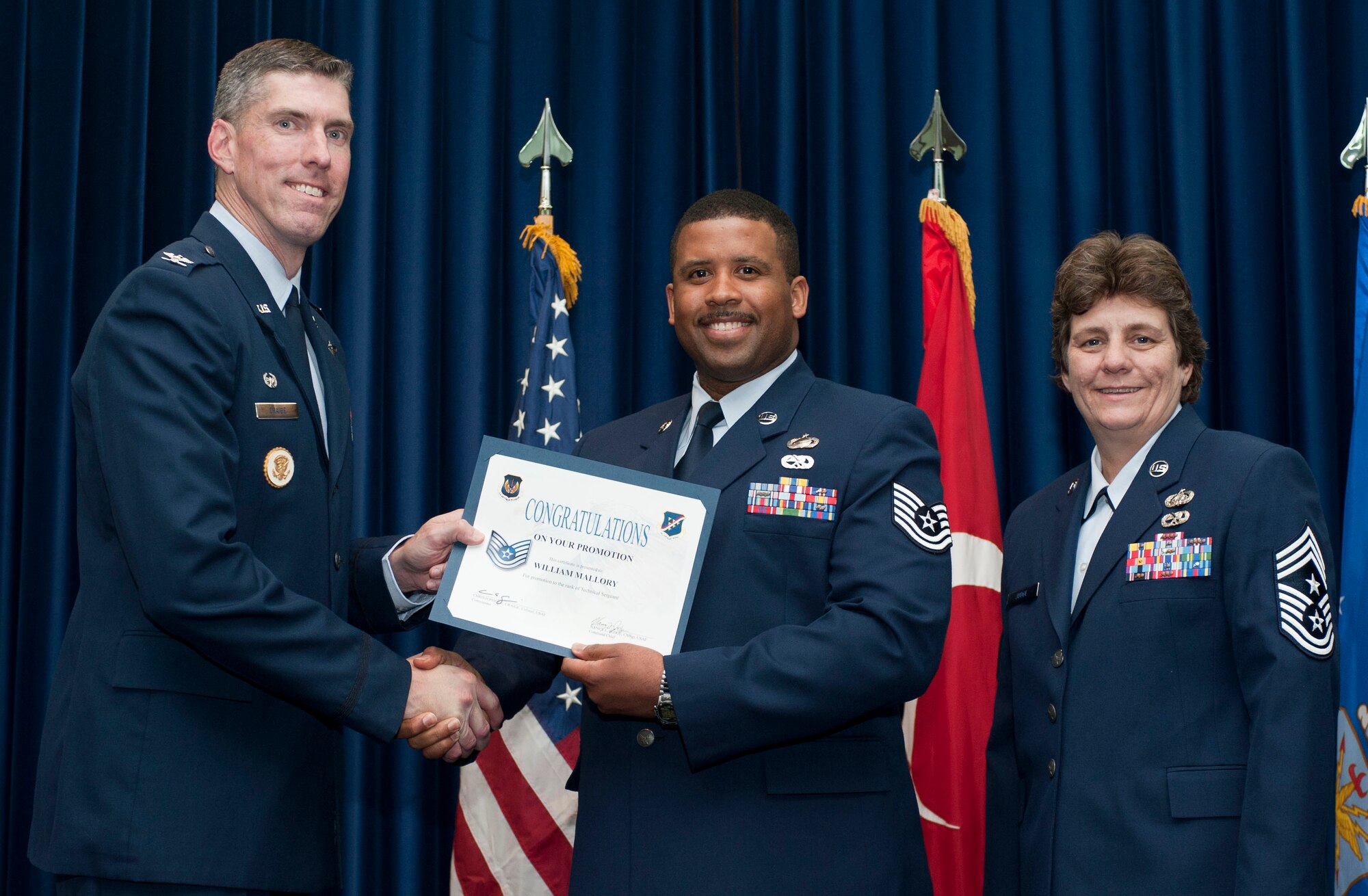 William Mallory, 39th Communications Squadron, is promoted to the rank of technical sergeant Oct. 31, 2011, in the Club Complex ballroom at Incirlik Air Base, Turkey.(U.S. Air Force photo by Senior Airman Clayton Lenhardt/Released)