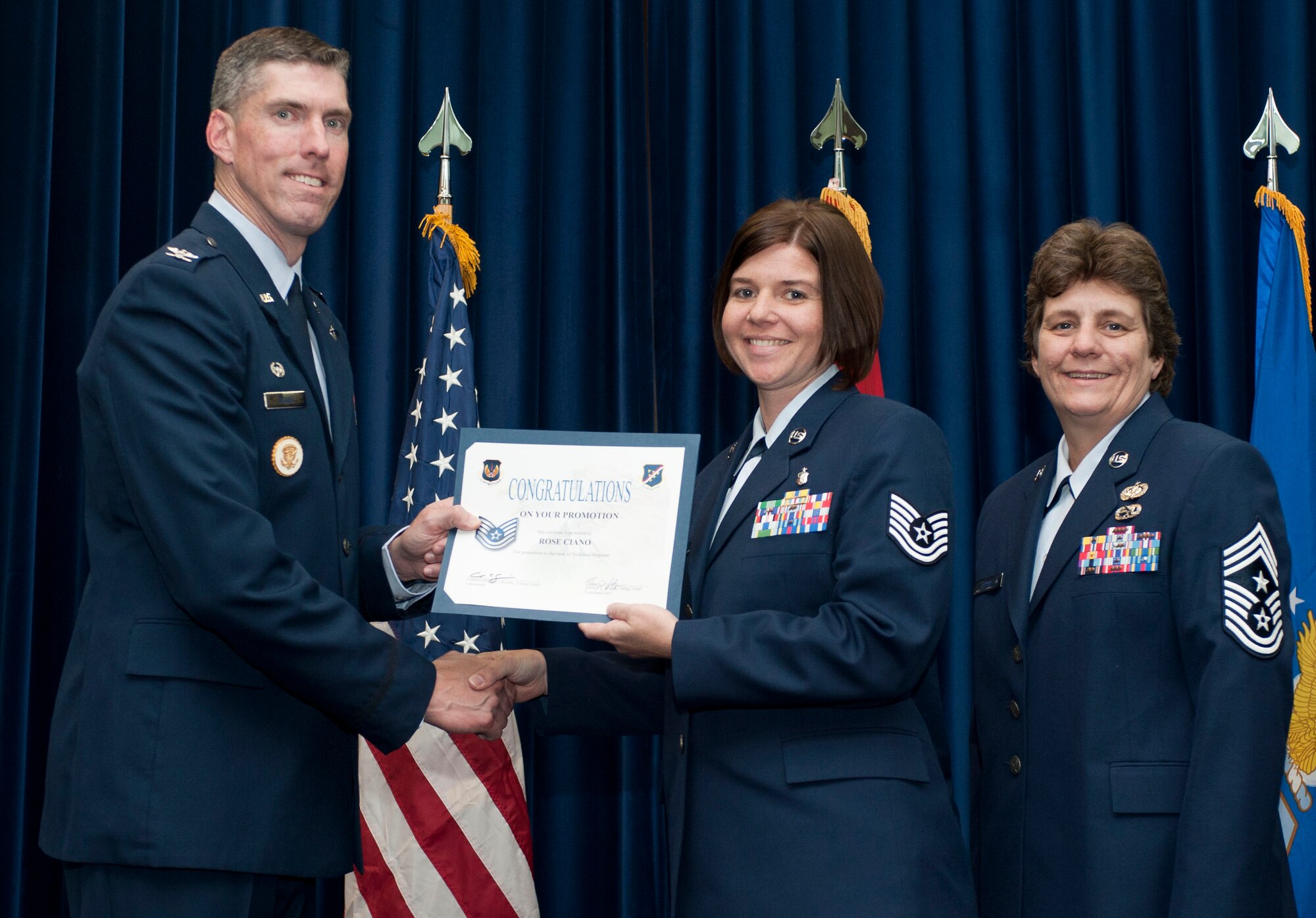 Rose Ciano, 39th Civil Engineer Squadron, is promoted to the rank of technical sergeant Oct. 31, 2011, in the Club Complex ballroom at Incirlik Air Base, Turkey.(U.S. Air Force photo by Senior Airman Clayton Lenhardt/Released)