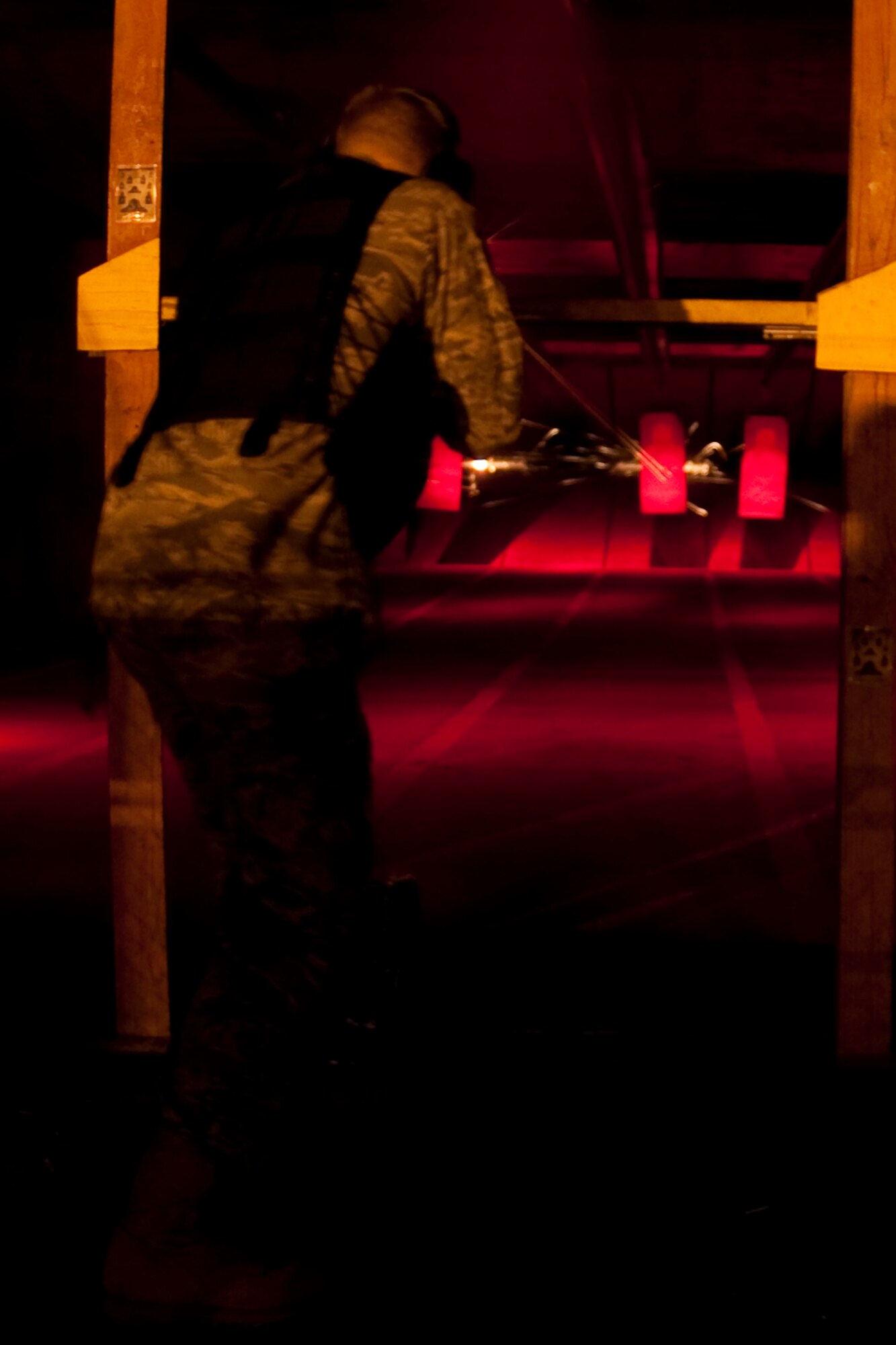 GRISSOM AIR RESERVE BASE, Ind. --  Tracers rounds can be seen as Staff Sgt. Thomas Engelhardt, 434th Security Forces Squadron fire team member, shoots his M-4 carbine rifle on three round burst during a night firing training exercise during a recent unit training assembly here recently. Security Forces members shot an M-4 carbine rifle equipped with night vision capability. (U.S. Air Force photo/Senior Airman Damon Kasberg)