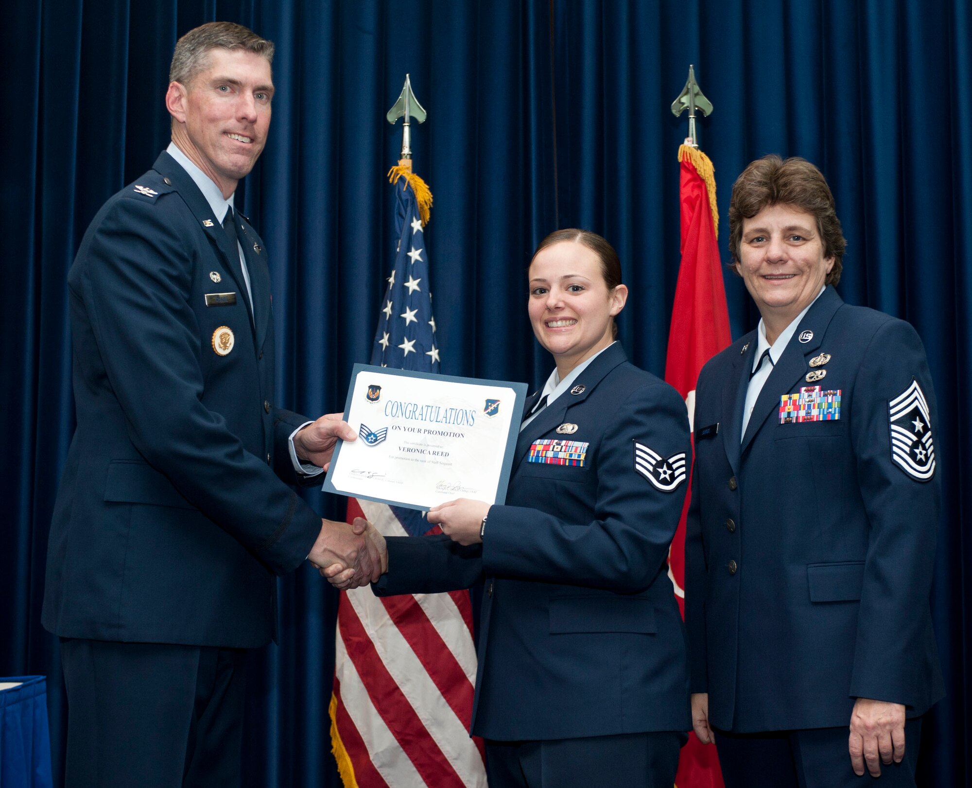 Veronica Reed, 39th Logistics Readiness Squadron, is promoted to the rank of staff sergeant Oct. 31, 2011, in the Club Complex ballroom at Incirlik Air Base, Turkey.(U.S. Air Force photo by Senior Airman Clayton Lenhardt/Released)