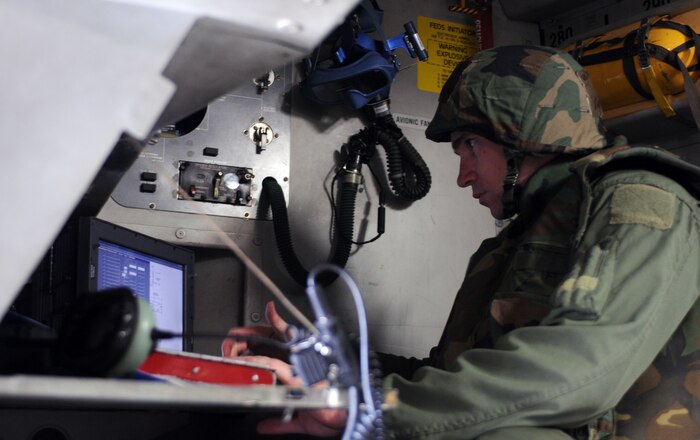 Staff Sgt. Vincent White conducts a pre-flight inspection prior to a mission at the Combat Readiness Training Center in Gulfport, Miss, Oct. 27. Pre-flight inspections are mandatory before every flight to ensure the aircraft is working properly. The ORE is intended to evaluate Team Charleston's ability to "take the fight to the enemy" and objectively measure mission effectiveness. White is a loadmaster with the 300th Airlift Squadron. (U.S. Air Force photo/Senior Airman Ian Hoachlander)

