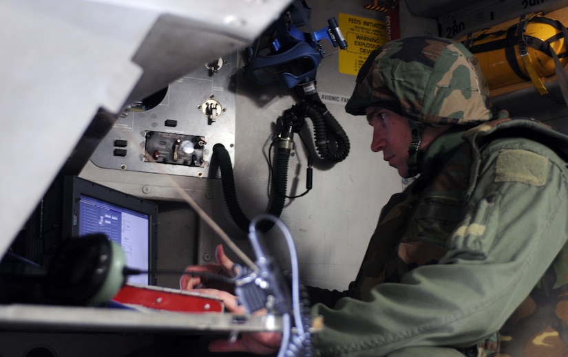 Staff Sgt. Vincent White conducts a pre-flight inspection prior to a mission at the Combat Readiness Training Center in Gulfport, Miss, Oct. 27. Pre-flight inspections are mandatory before every flight to ensure the aircraft is working properly. The ORE is intended to evaluate Team Charleston's ability to "take the fight to the enemy" and objectively measure mission effectiveness. White is a loadmaster with the 300th Airlift Squadron. (U.S. Air Force photo/Senior Airman Ian Hoachlander)

