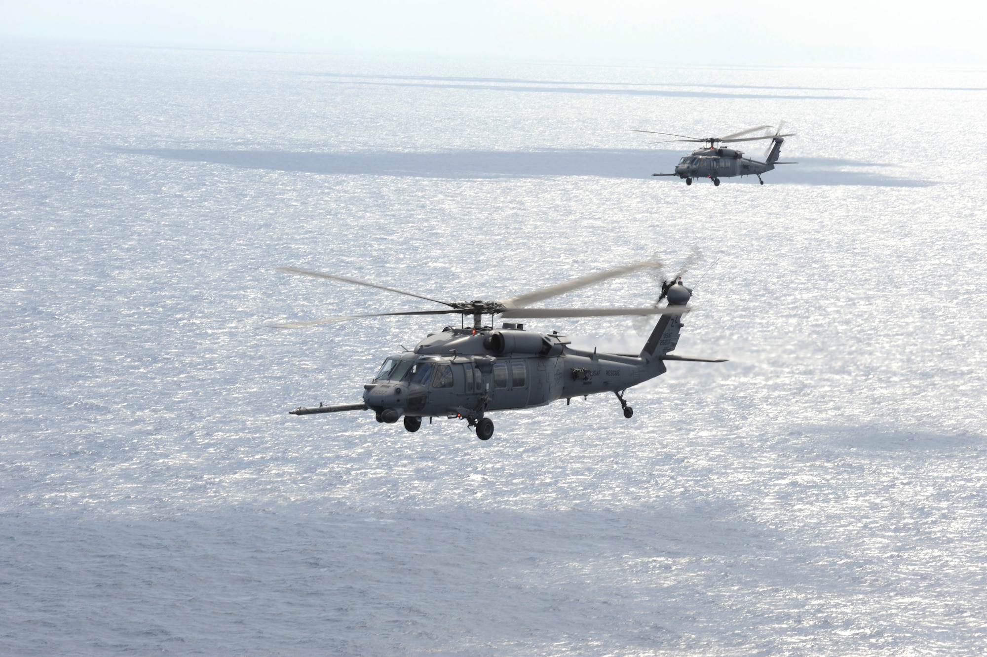 HH-60G Pave Hawks from the 33rd Rescue Squadron, Kadena Air Base, Okinawa, fly to Osan Air Base Korea for PACIFIC THUNDER Oct. 27.

PACIFIC THUNDER is an annual 10-day exercise that takes place Oct. 31- Nov. 9 at Osan Air Base, Korea involving the 33rd Rescue Squadron, Kadena Air Base, Japan, and the 25th Fighter Squadron, Osan Air Base, Korea. These units work together to practice Combat Search and Rescue tactics to prepare for real-world emergency situations. 
(U.S. Air Force photo/Tech. Sgt. Angelique Bilog)