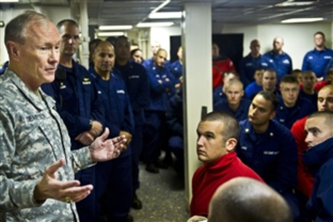 Army Gen. Martin E. Dempsey, chairman of the Joint Chiefs of Staff, addresses the crew of the U.S. Coast Guard Cutter Stratton during a visit near Annapolis, Md., Oct. 31, 2011. 