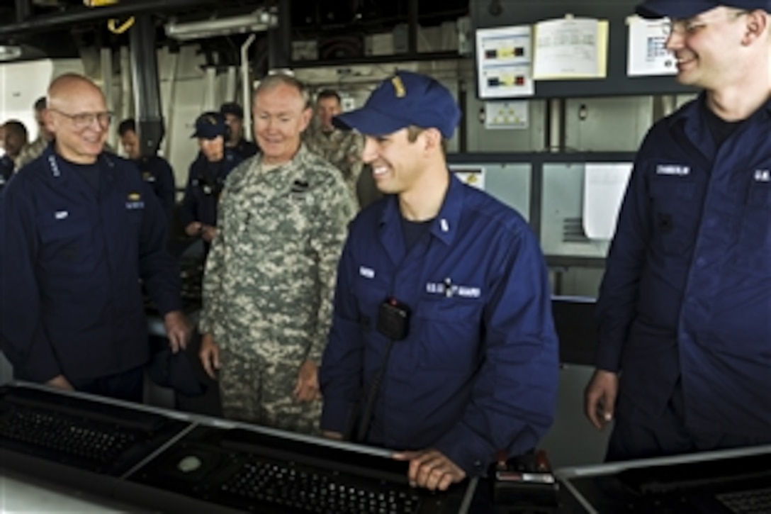 Coast Guard Commandant Adm. Robert Papp Jr., left, and Army Gen. Martin E. Dempsey, chairman of the Joint Chiefs of Staff, visit the U.S. Coast Guard Cutter Stratton near Annapolis, Md., Oct. 31, 2011. 