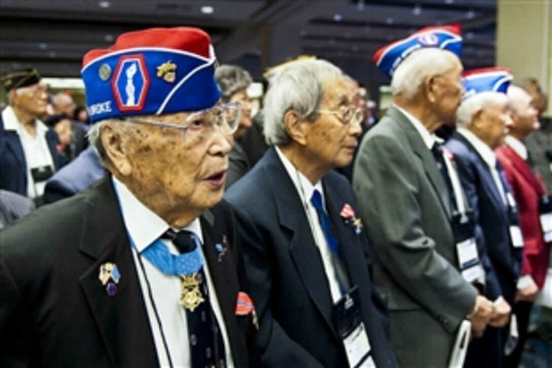 Nisei World War II veterans from the 442nd Regimental Combat Team attend the World War II Nisei Veterans Program National Veterans Network tribute to the 100th Infantry Battalion, 442nd Regimental Combat Team and Military Intelligence Service in Washington, D.C., Nov. 1, 2011.