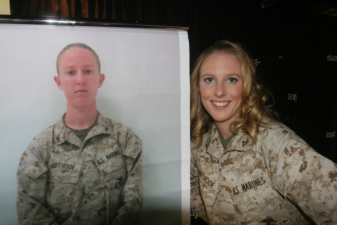 Lance Cpl. Danielle N. Pothoof, from Bay City, Mich., a motor transportation operator with 2nd Marine Logistics Group, stands right next to her “before” picture during her makeover Nov. 2, 2011, aboard Camp Lejeune, N.C.  Marine Corps Community Services and 2nd Marine Expeditionary Force command chose wounded warriors for makeovers as part of the Marine Corps Exchange grand opening celebration.  (Photo by Cpl. Bruno J. Bego)