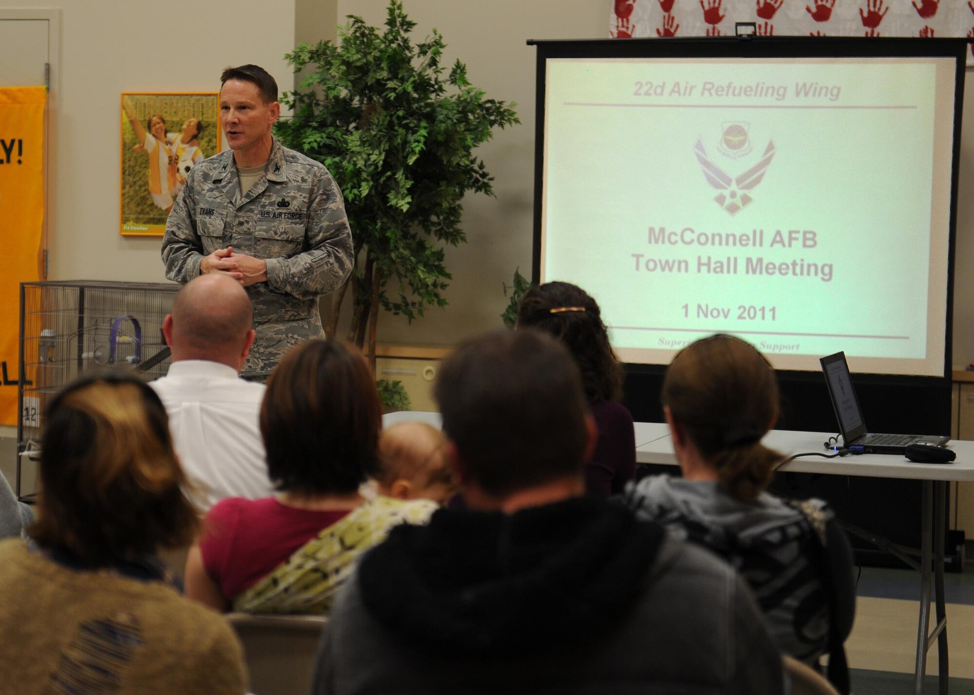 Col. Mark Evans, 22nd Mission Support Group commander speaks at a Town Hall meeting held at the School Age Program Facility Nov. 1, 2011, McConnell Air Force Base, Kan. At the meeting parents discussed concerns with local education agencies serving McConnell. Evans also introduced the Parents Advocates for Students and Schools program. PASS is volunteer-lead program to help parents become better advocates for their child's education. (U.S. Air Force photo/Airman 1st Class Katrina M. Brisbin)   