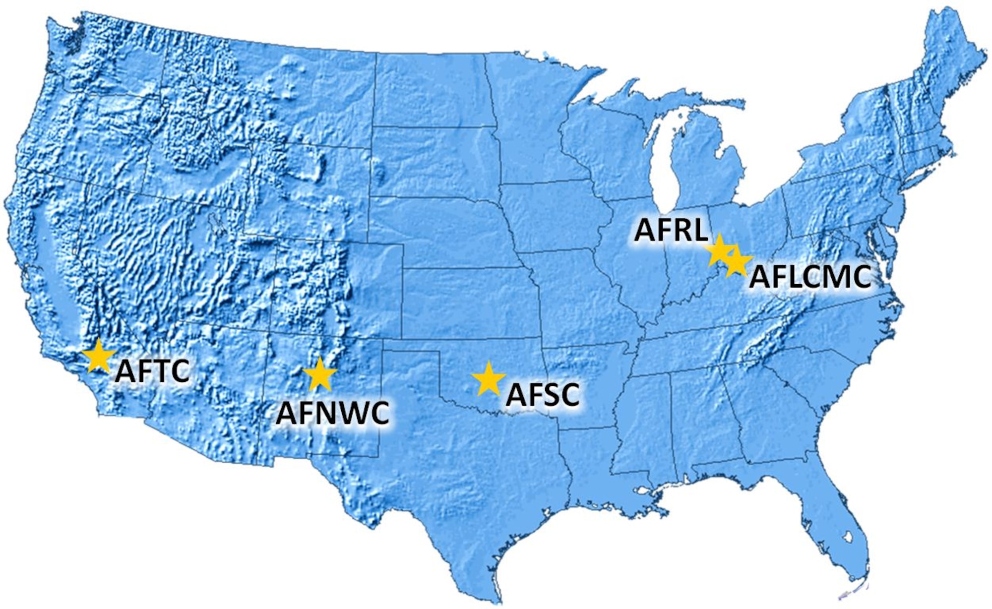 The new AFMC Five Center structure includes the Air Force Life Cycle Management Center and the Air Force Research Laboratory at Wright-Patterson AFB, OH; the Air Force Sustainment Center at Tinker AFB, OK; the Air Force Nuclear Weapons Center at Kirtland AFB, N.M.; and the Air Force Test Center at Edwards AFB, Calif. (Illustration courtesy of AFMC) 