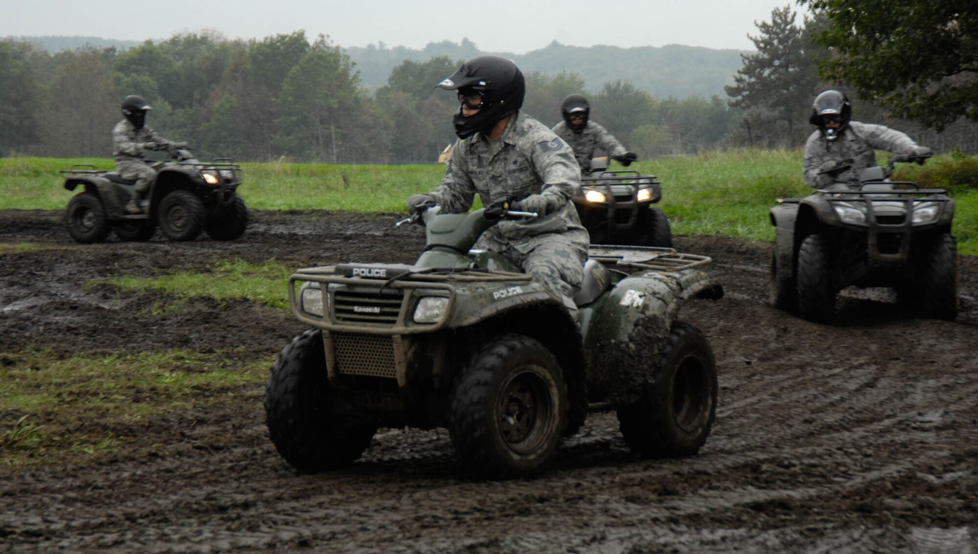 HANSCOM AIR FORCE BASE, Mass. – 66th Security Forces Squadron members practice riding all-terrain vehicles near the former AFRL buildings last month. (U.S. Air Force photo by Linda LaBonte Britt)