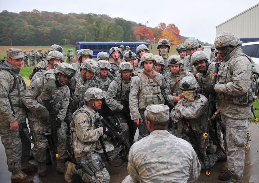 U.S. Air Force Master Sgt. Mandel Pickett, 823rd Base Defense Squadron NCO in charge of operations, speaks to members of the 823rd BDS and 105th Security Forces Squadron at Camp Smith, N.Y., Oct 27, 2011, about the training they have received and the benefits it will have on both squadrons when they deploy together.
Pickett spent many hours planning and organizing the joint training which is important to building the partnership between both units. (U.S. Air Force photo by Staff Sgt. Stephanie Mancha/Released)
