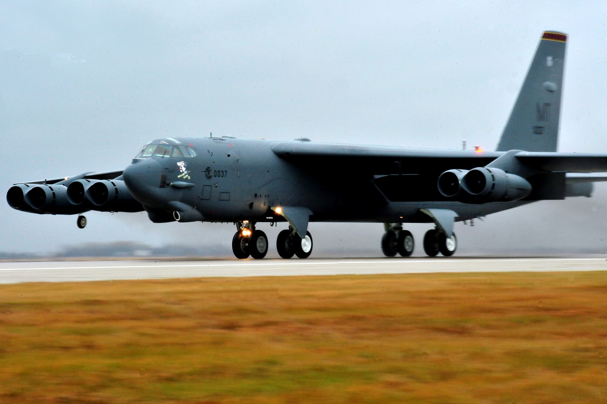 MINOT AIR FORCE BASE, N.D. – A B-52H Stratofortress takes off as part of a rapid launch during an annual field training and battle staff exercise here Oct. 25. As a finale to the two week-long exercise, several B-52s took off in rapid succession, signaling the end of the training mission. The exercise provides training opportunities for forces to deter, and if necessary defeat, a military attack against the United States. (U.S. Air Force Photo/Senior Airman Jesse Lopez)