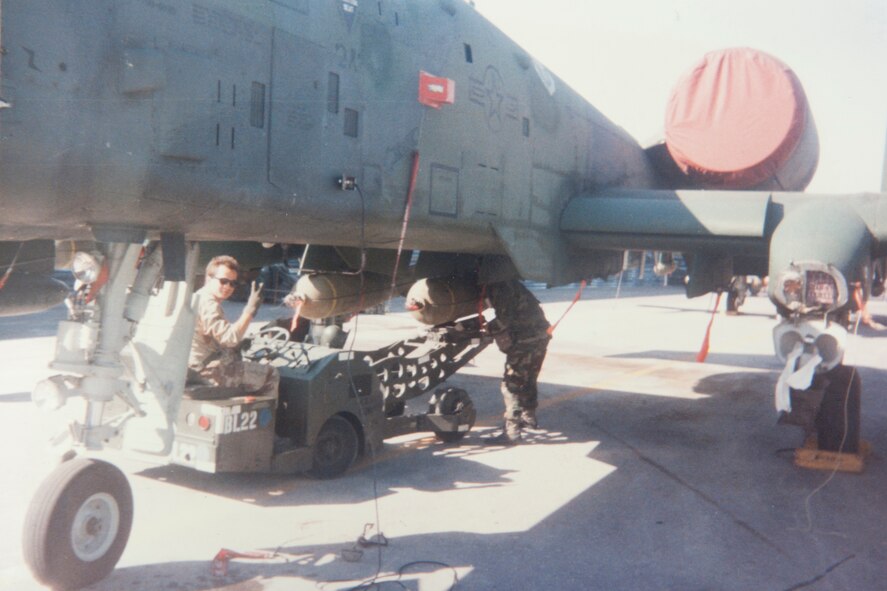 A young U.S. Air Force Master Sgt. William Godwin poses for a photo next to an A-10 Thundernbolt in early 1991 during a deployment to Saudi Arabia. At the time, Godwin was stationed at England Air Force Base, La., which was home to the Flying Tigers from 1972 to 1992. Godwin has since been stationed to two other Flying Tiger bases: Pope Air Force Base, S.C, and Moody Air Force Base, Ga. (Courtesy photo)