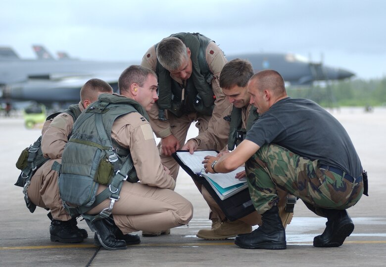 Lt. Col. Barry Hutchison, 28th Operations Group deputy commander, then a captain assigned to the 34th Bomb Squadron at Mountain Home Air Force Base, Idaho, and his B-1 aircrew receive a briefing from an aircraft maintainer while deployed to an undisclosed location in the Indian Ocean in November 2001. (U.S. Air Force photo by Staff Sgt. Shane Cuomo/Released)