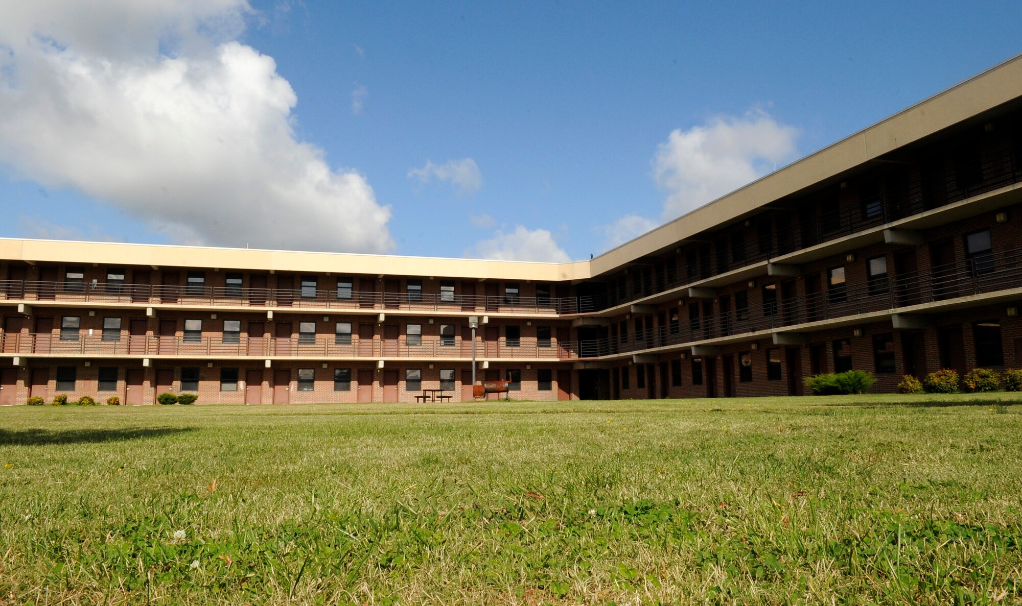 Olslavsky Hall is one of two Airman dormitories at Langley Air Force Base, Va., to undergo approximately $3 million in renovations and upgrades over the next two years. Contractors will replace HVAC units, plumbing and other ailing infrastructure, as well as expand and upgrade laundry and kitchen facilities, in Olslavsky and Renna Halls. Each dorm, which was built in the late 1980s, houses 148 Airmen. (U.S. Air Force photo by Staff Sgt. Dana Hill/RELEASED)