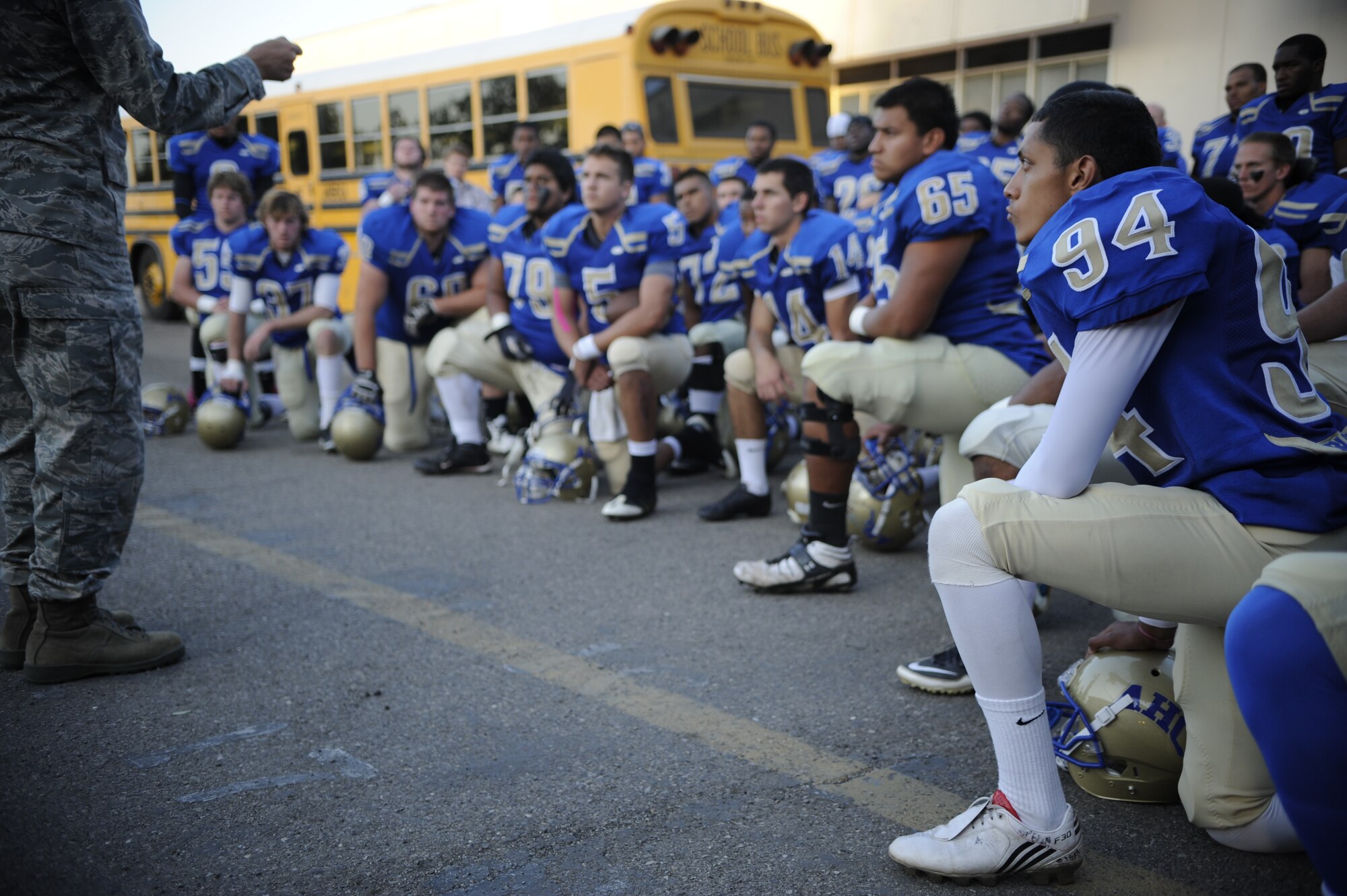 SANTA MARIA, Calif. -- Speaking about brotherhood, Col. Keith Balts, 30th Space Wing vice commander, gives a pep talk to the Allan Hancock College Bulldogs during the Military Appreciation Night football game at the Righetti High School Stadium  Saturday, Oct. 29, 2011. Military members received free admission and food at the game, which pitted the Bulldogs against the Ventura College Pirates. (U.S. Air Force photo/Staff Sgt. Andrew Satran) 