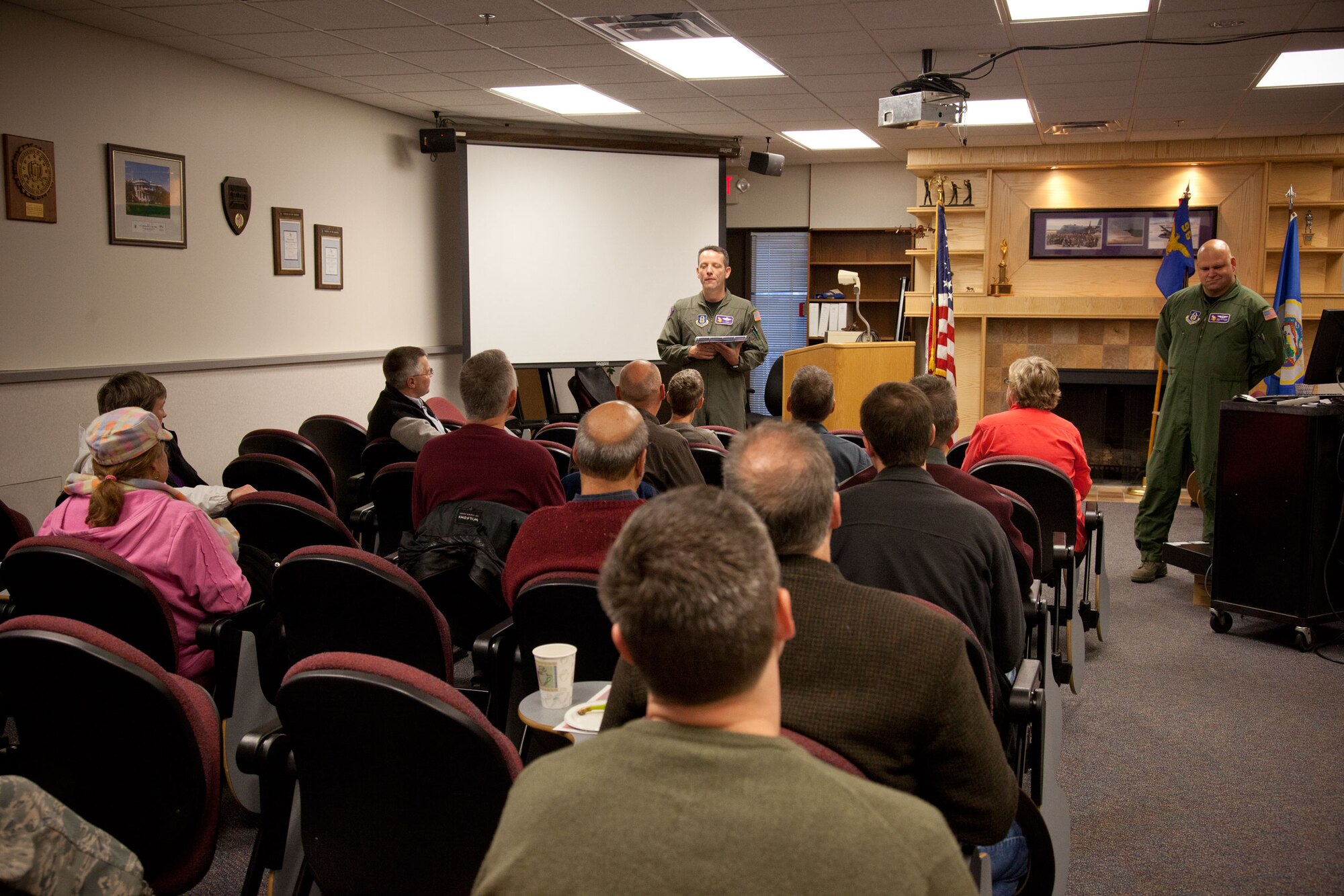 Everyone listens to Lt. Col. T.J. O'Reilly give a briefing before boarding the aircraft for the morning. (Air Force Photo/Shannon McKay)