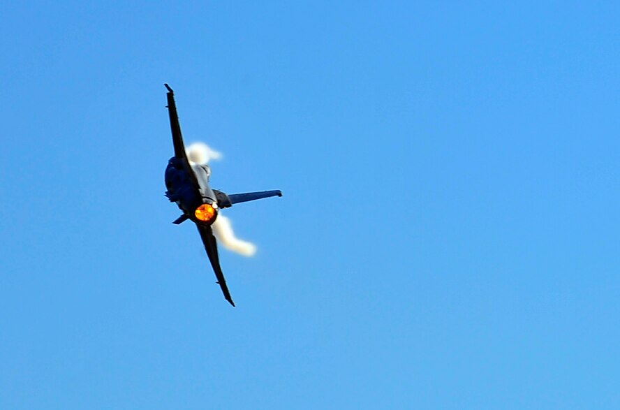 Major. Ryan "Rider" Corrigan, Viper East F-16 demonstration pilot, performs aerial maneuvers, Oct. 28, 2011, Shaw Air Force Base, S.C. The aerial demonstration is a 15-minute display of unique handling qualities that the aircraft possesses and performed at low altitudes with high speeds. (U.S. Air Force photo by Airman 1st Class Neil D. Warner)