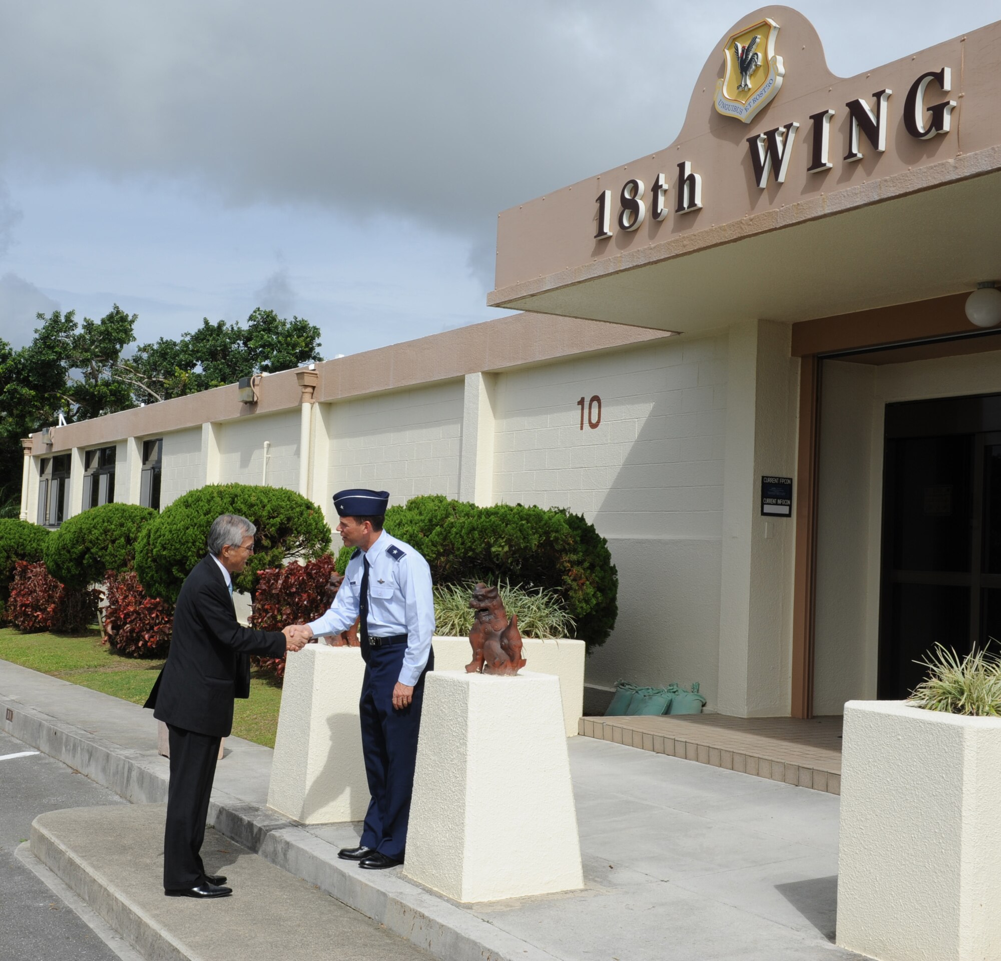 U.S. Air Force Brig. Gen. Matthew H. Molloy, 18th Wing commander, welcomes the Republic of Korea Ambassador to Japan , Mr. Kak Soo Shin, during his site visit to Kadena Air Base, Japan, Nov. 2. During his visit, Ambassador Shin received a mission orientation briefing from Gen. Molloy as well as a tour of the base. (U.S. Air Force photo/Airman 1st Class JustinVeazie/released)
