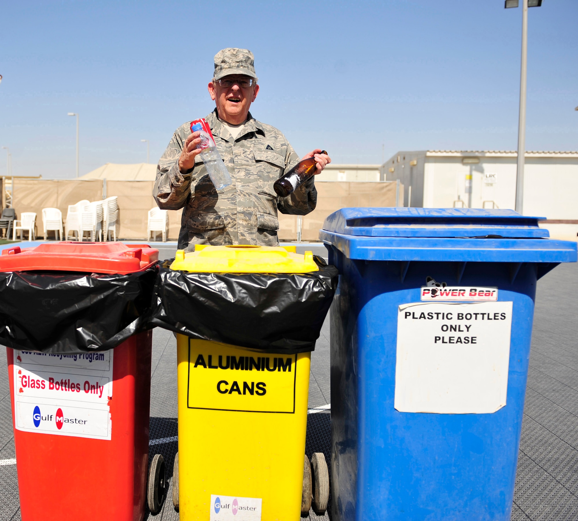 Officials awarded a new comprehensive contract Oct. 1 that expands the 380th Air Expeditionary Wing recycling program by adding new features and providing more colored bins and dumpsters throughout the wing. The expanded recycling program offers deployed troops more opportunities to be better stewards of the earth, while also benefitting morale, welfare and recreation programs at the deployed wing. (U.S. Air Force photo/ Tech. Sgt. Patrick Mitchell)

