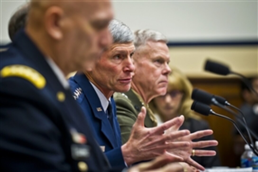 Air Force Chief of Staff Gen. Norton A. Schwartz testifies before the House Armed Services Committee along with Army Chief of Staff Gen. Raymond T. Odierno, Chief of Naval Operations Adm. Jonathan W. Greenert and Marine Corps Commandant Gen. James F. Amos in Washington, D.C., Nov. 2, 2011.