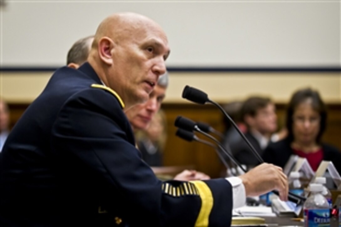 Army Chief of Staff Gen. Raymond T. Odierno testifies before the House Armed Services Committee along with Chief of Naval Operations Adm. Jonathan W. Greenert, Air Force Chief of Staff Gen. Norton A. Schwartz and Marine Corps Commandant Gen. James F. Amos in Washington, D.C., Nov. 2, 2011 in Washington, D.C.
