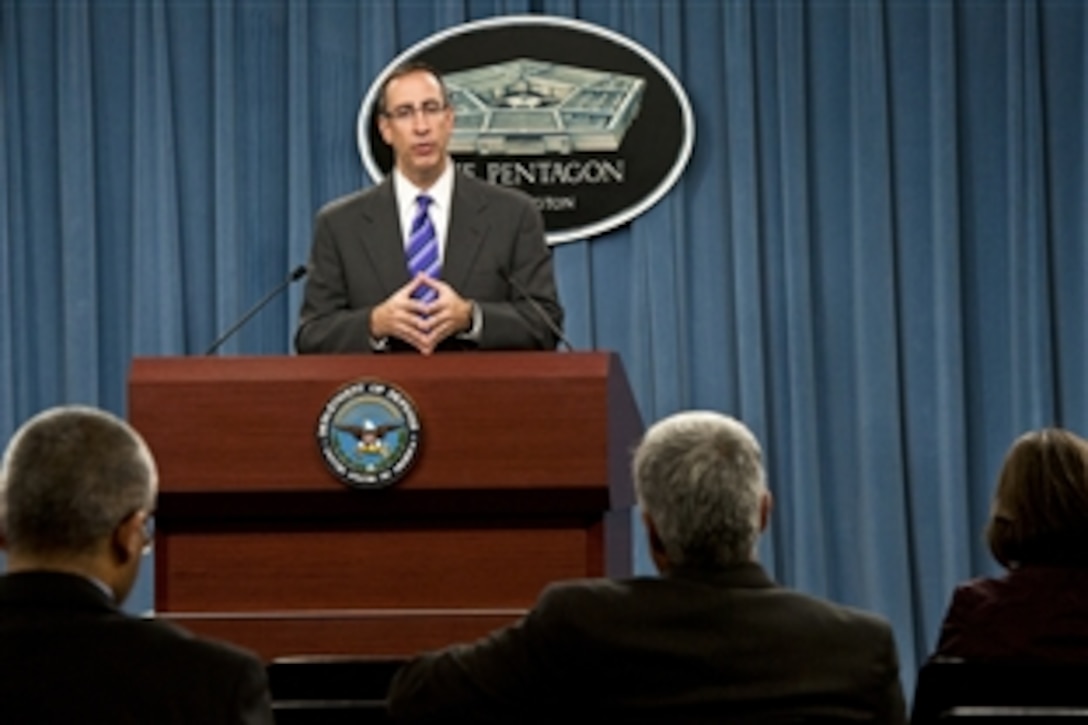 Robert Scher, deputy assistant secretary of defense for South and Southeast Asia, briefs the press at the Pentagon, Nov. 2, 2011. Scher discussed the recently submitted Defense Department report to Congress on the relationship between the department and India.