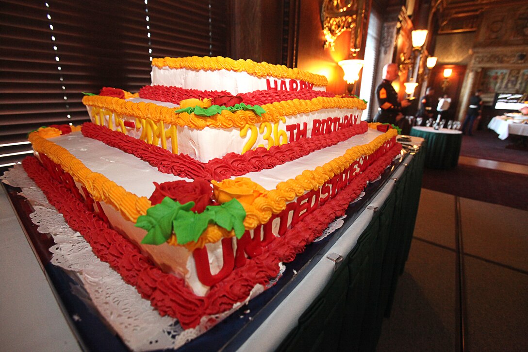 A Marine Corps birthday cake is displayed inside the Library of Congress prior to the commencement of a Marine Corps birthday cake cutting ceremony Nov. 2. The Marines of Marine Barracks Washington helped members of the House of Representatives celebrate the 236th birthday of the Marine Corps.