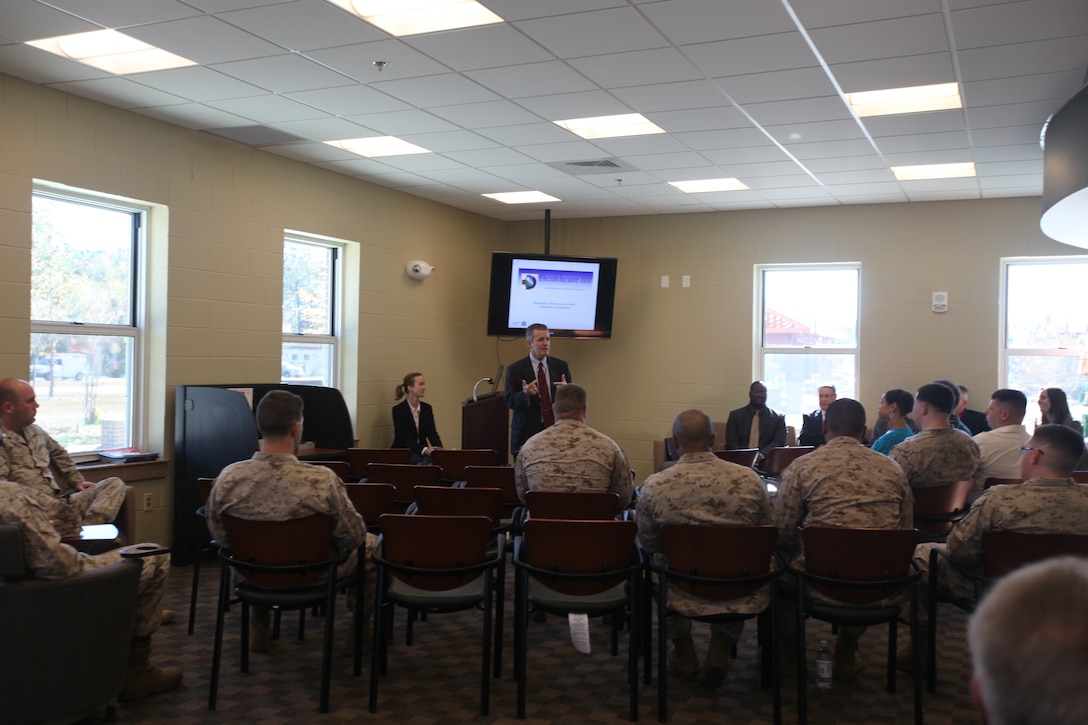 Jerry LaCamera, Navy Medicine’s Director of Total Force, talks to a group of wounded warriors at the Wounded Warrior Barracks aboard Marine Corps Base Camp Lejeune about Reintegrate, Educate and Advance Combatants in Healthcare program, Sept. 3. The program works with wounded warriors who are interested in working in the medical field and helps them achieve their career goals.