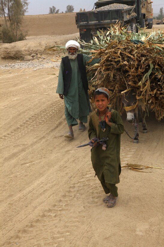 Locals transport crops on the back of a donkey in Helmand province, Afghanistan, Nov. 3.  The engineers with 7th Engineer Support Battalion, 2nd Marine Logistics Group (Forward), repaired multiple sections of the route in support of Operation Eastern Storm.  (U.S. Marine Corps photo by Cpl. Katherine M. Solano)