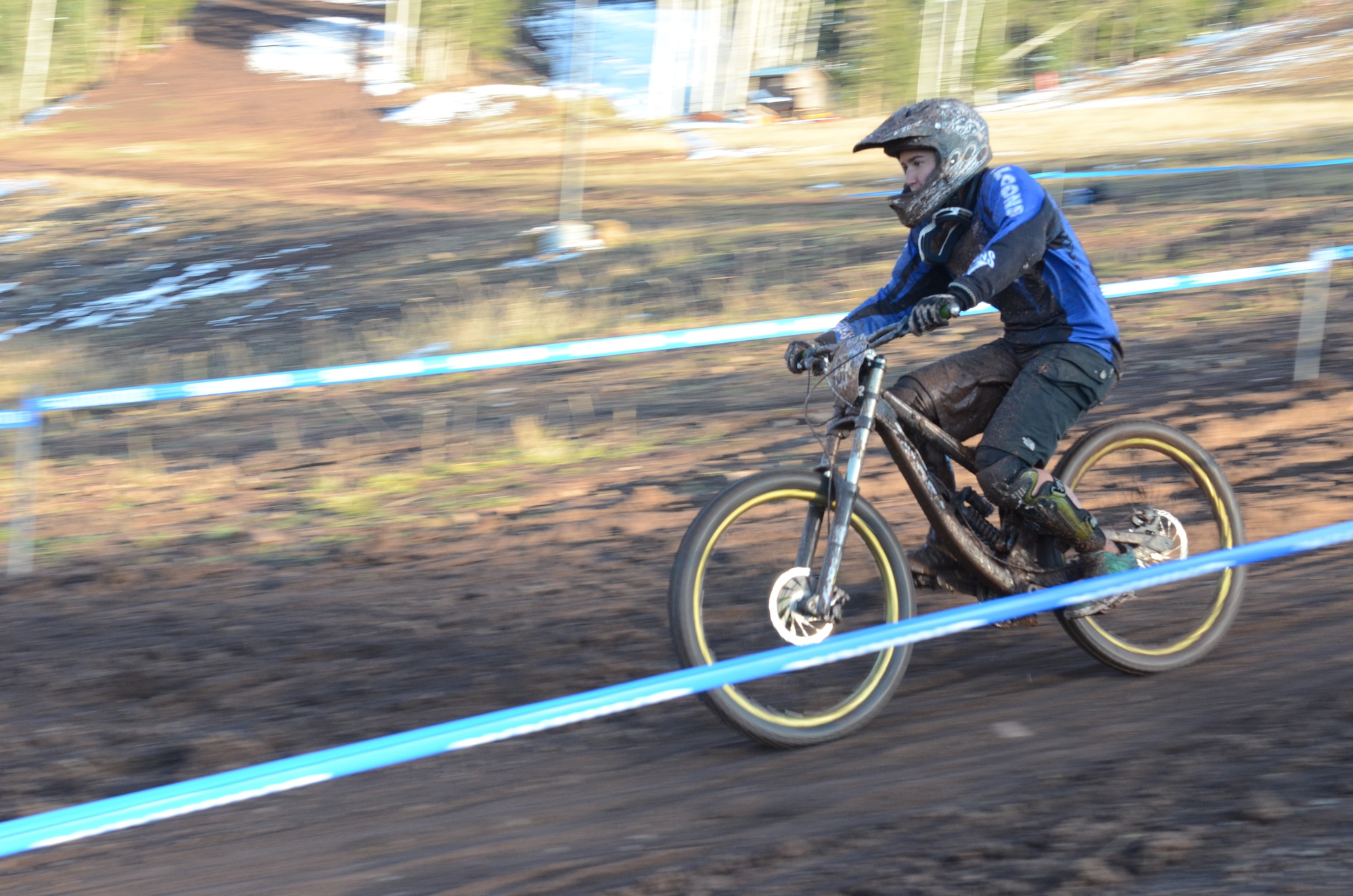 Air Force Academy Sophomore Coleen Pacurariu heads for the finish line on her way to winning the women’s downhill mountain biking national title at the 2011 USA Cycling Collegiate Mountain Bike National Championships in Angel Fire, N.M., Oct. 28-30. Pacurariu won the downhill race on Saturday, and placed second in the dual slalom race on Sunday. She completed the downhill race with a time of 10:42, besting her closest competitor by 32 seconds.  (U.S. Air Force Photo/Gino Mattorano)