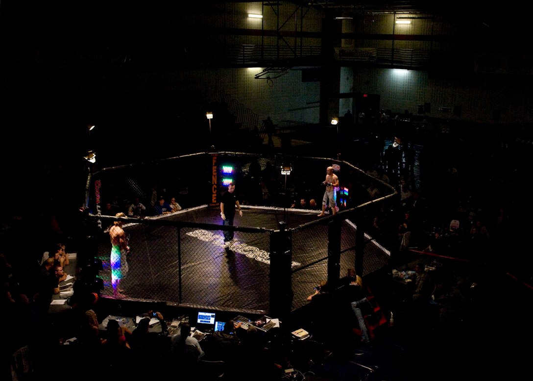 Airmen gathered in the main gym at the Bellamy Fitness Center to watch and support their fellow Airmen fight during Ring Wars at Ellsworth Air Force Base, S.D., Oct. 21, 2011. (U.S. Air Force photo by Airman 1st Class Kate Thornton/Released)