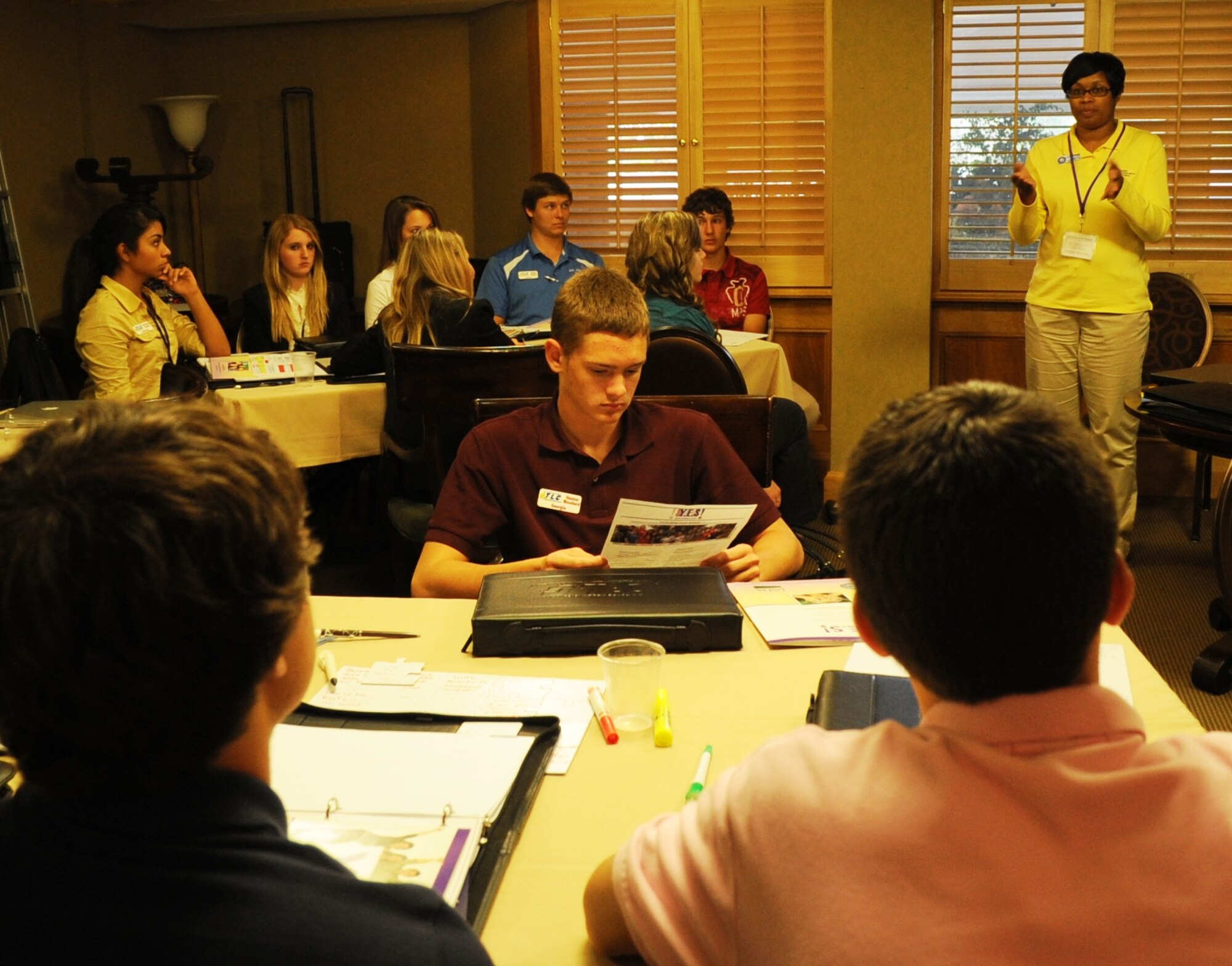 Capt. Stephanie Barnes, Air Force Reserve Command’s South Region Yellow Ribbon Program Manager, speaks about YRP to members of the Air Force Reserve Teen Leadership Council in Charlotte, N.C., Oct. 28, 2011. Created in 2010, TLC is a nationwide group of AFR-dependent high school students who provide a youth perspective in the planning, implementation, and evaluation of AFR youth programs. (U.S. Air Force photo/Staff Sgt. Anna-Marie Wyant)